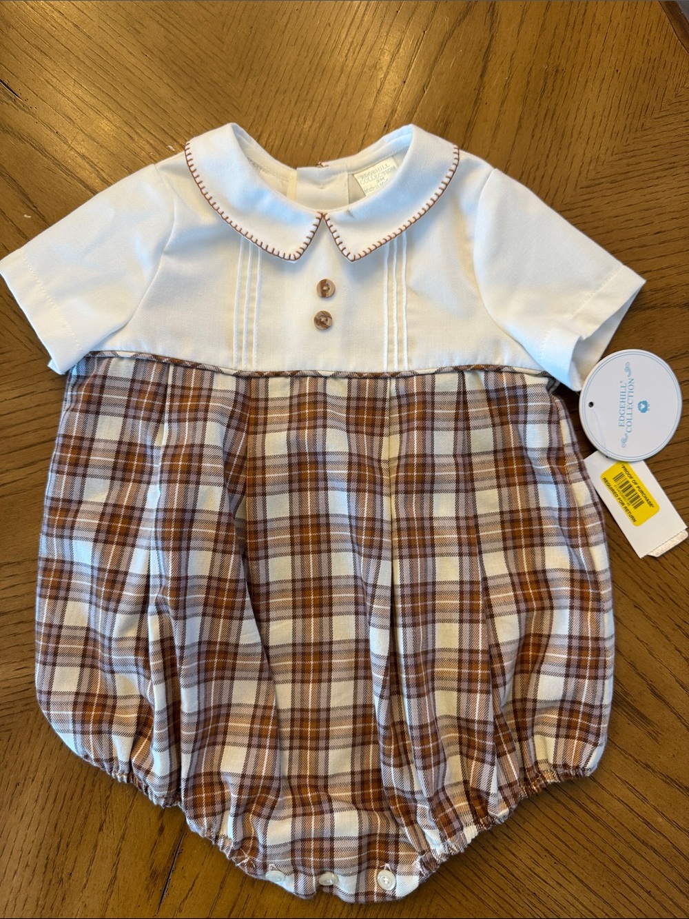 Edgehill Collection White Top with Brown Plaid Bubble Romper